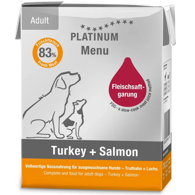 Platinum MENU visavertis konservuotas pašaras suaugusiems šunims su kalakutiena ir lašiša 375g 6vnt / 12vnt