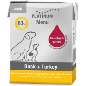 Platinum MENU visavertis konservuotas pašaras suaugusiems šunims su antiena ir kalakutiena 375g 6vnt / 12vnt