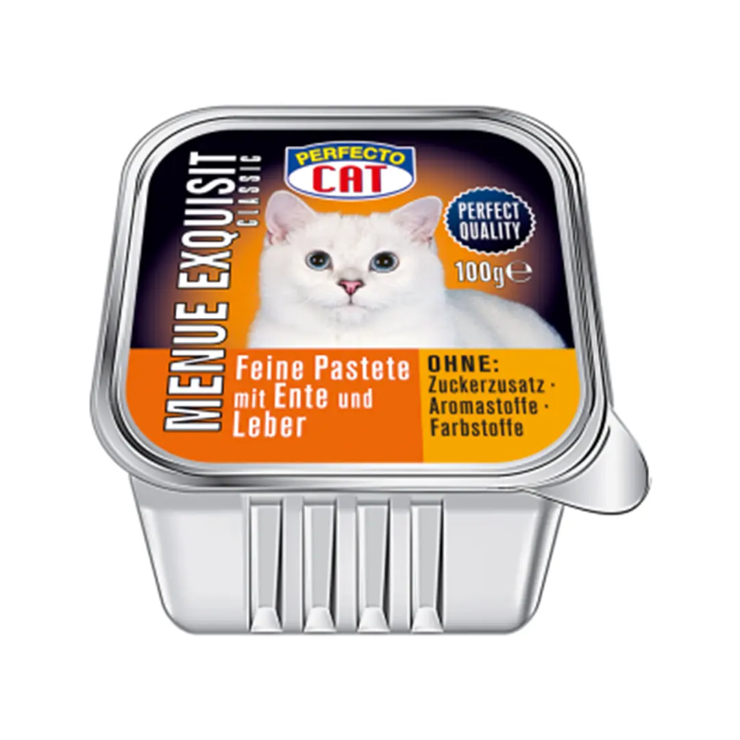 Perfecto Cat Menue Exquisit, konservuotas pašaras katėms, paštetas su antiena ir kepenimis, 100g