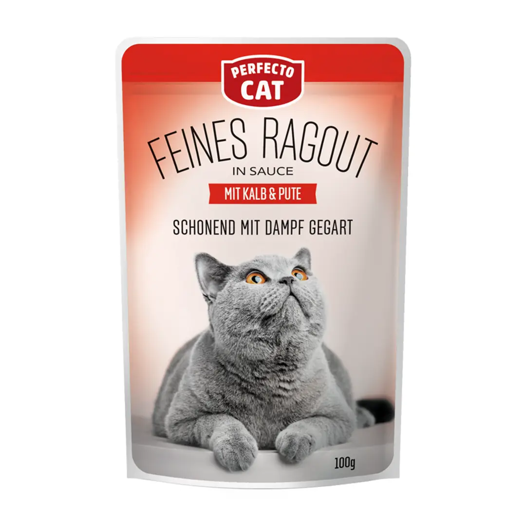 Perfecto Cat Feines Ragout, konservuotas pašaras katėms su veršiena ir kalakutiena, 100 g